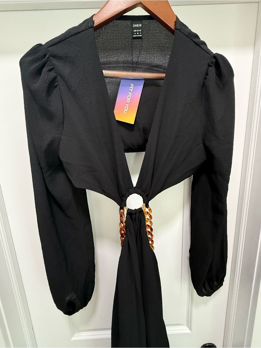SHEIN Black Long-Sleeve Ring-Tie Dress with Amber Chain Accent